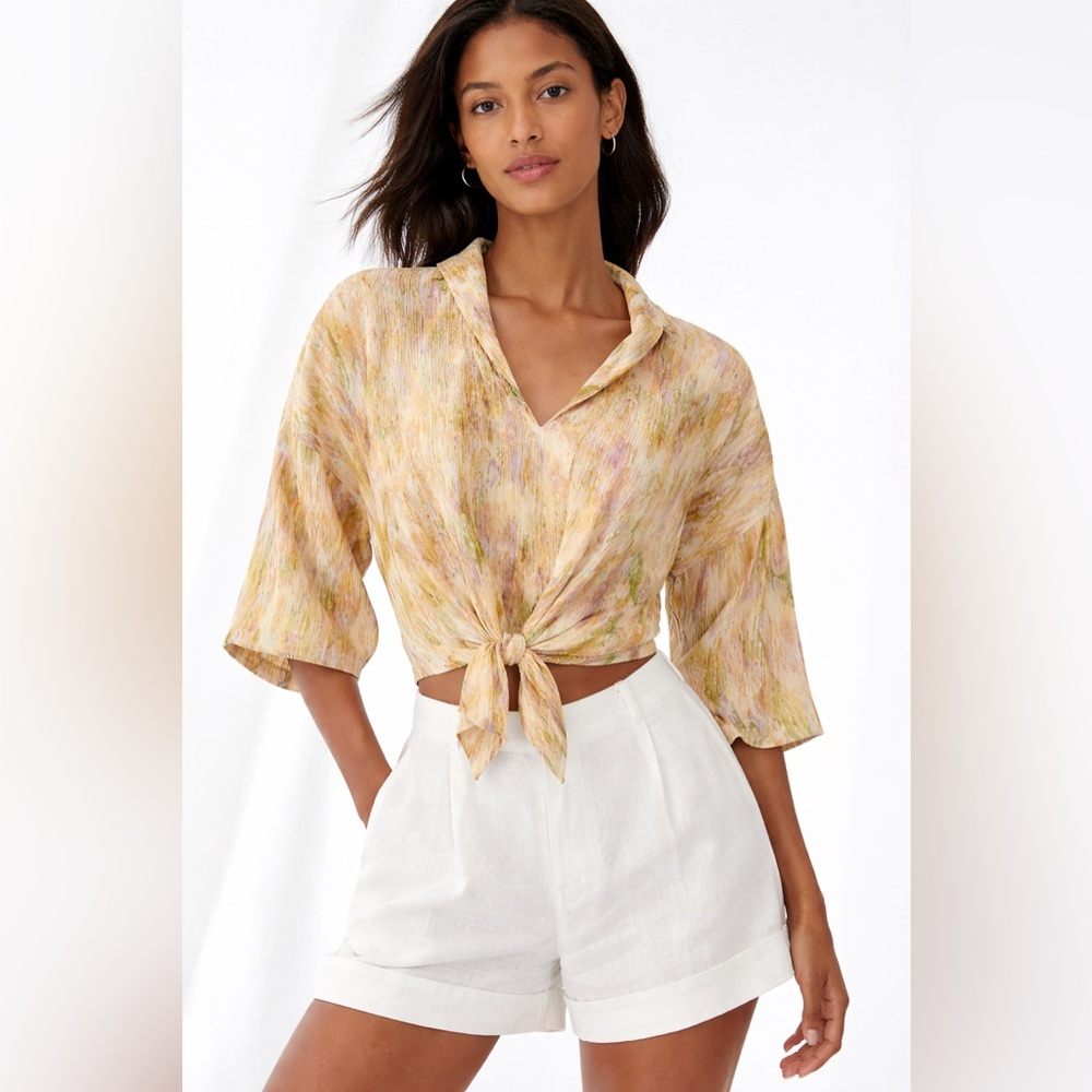 Zara Yellow and Green Tie-Front Blouse